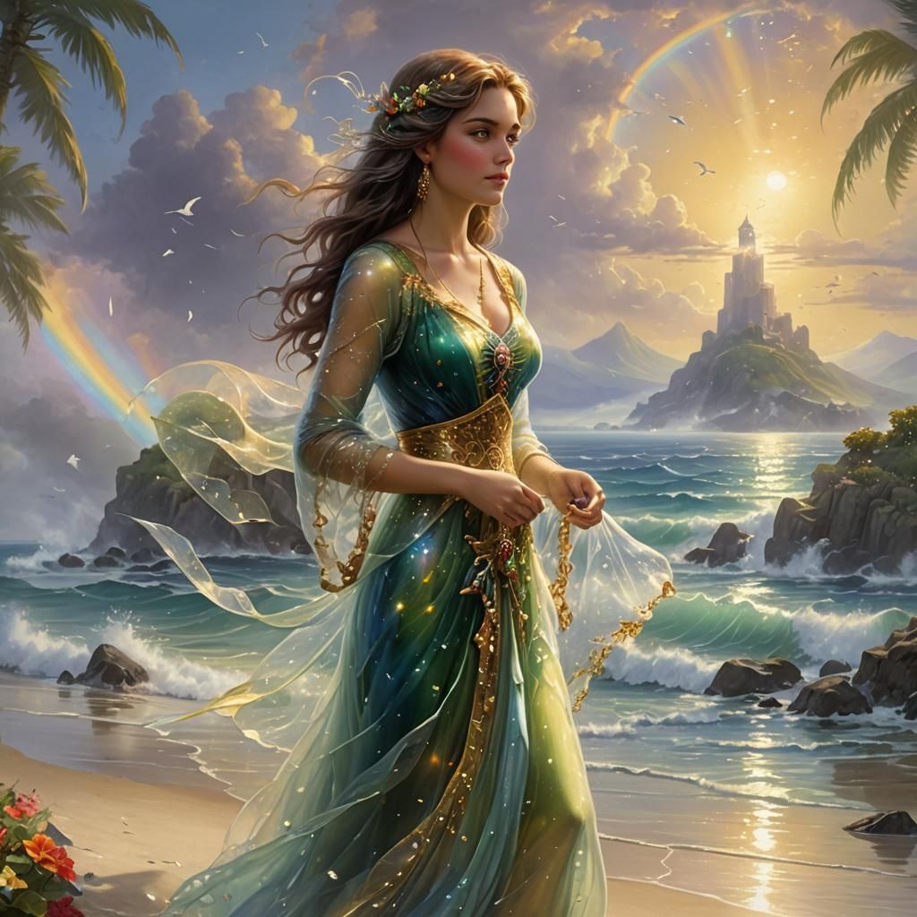 Golden Fairy on Beach with Rainbow Fairy Dust