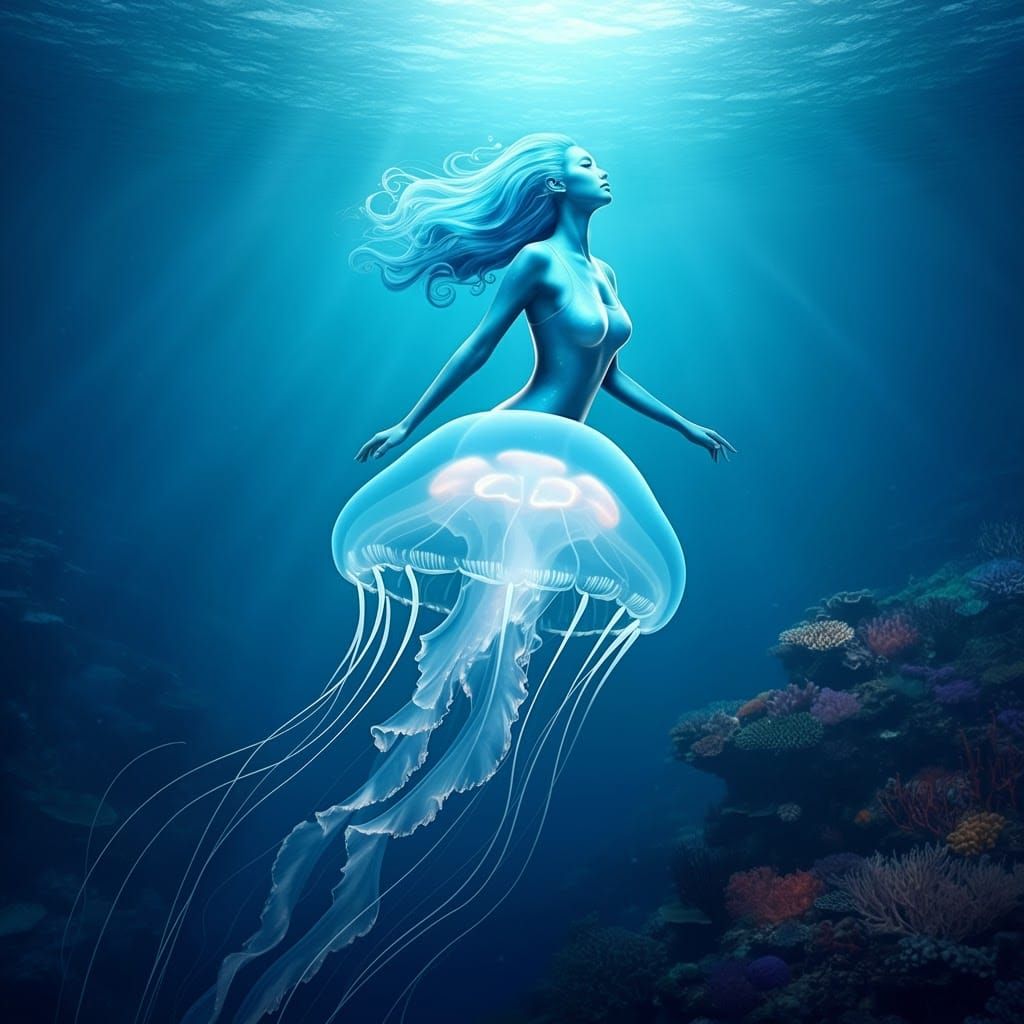 Bioluminescent Mermaid with Jellyfish Skirt in Ethereal Wate...