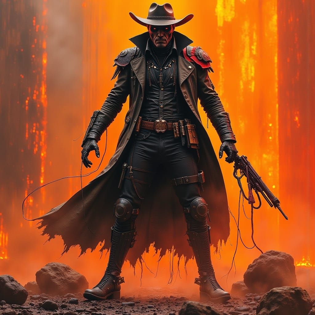 Grizzled Cyborg Cowboy with Neon Cyberpunk Aesthetic