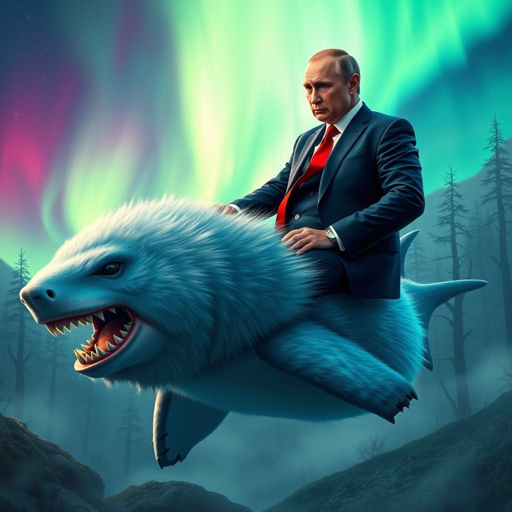 Putin Astride Majestic, Iridescent Bearshark in Dreamlike 8K...