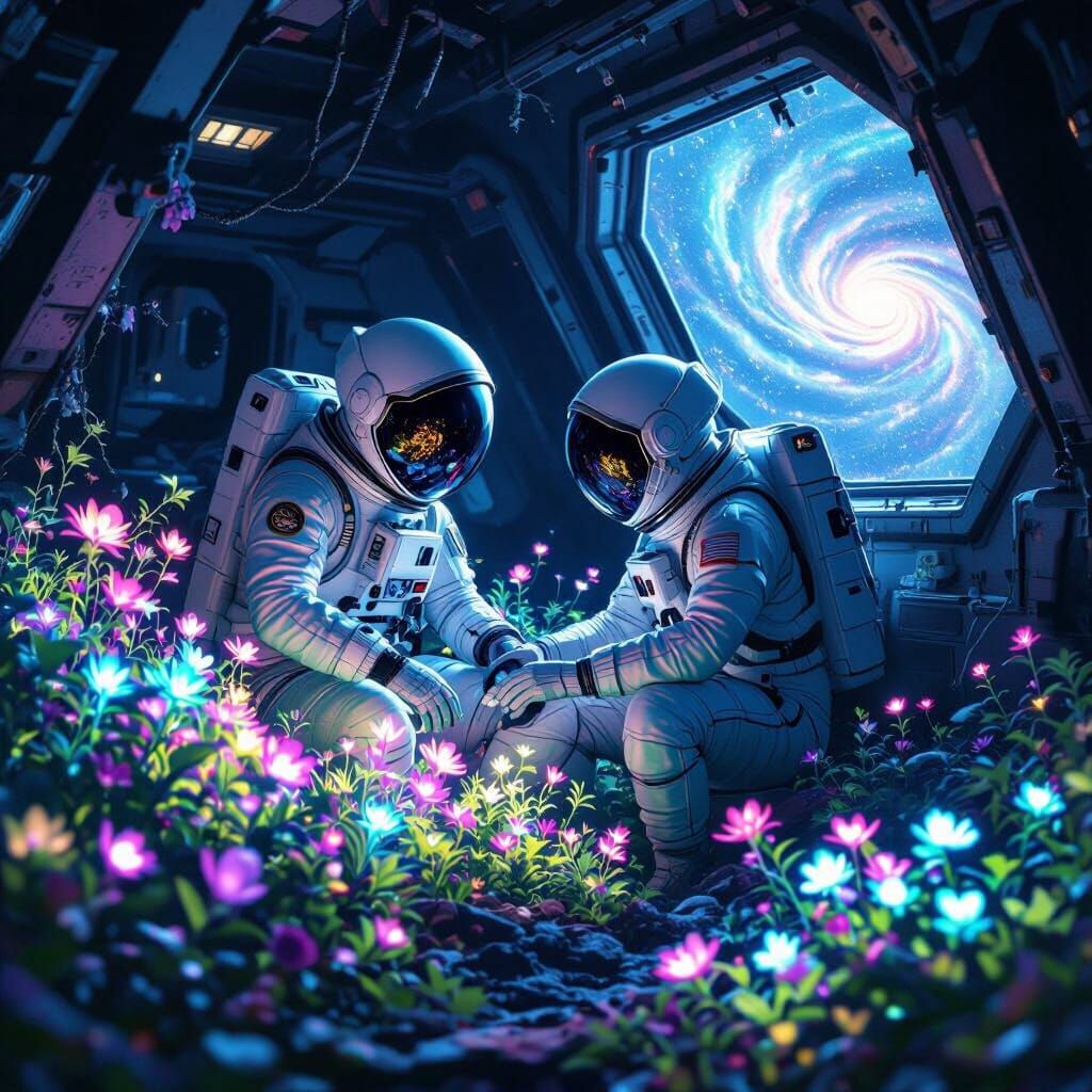 Astronaut's Bioluminescent Garden in Derelict Spaceship