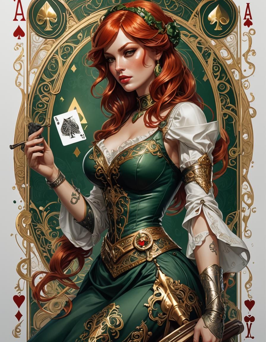 Redhead Pinup Ace of Spades Card, Digital Art