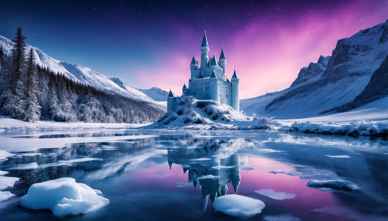 Northern Lights Illuminated Ice Castle in Winter Wonderland
