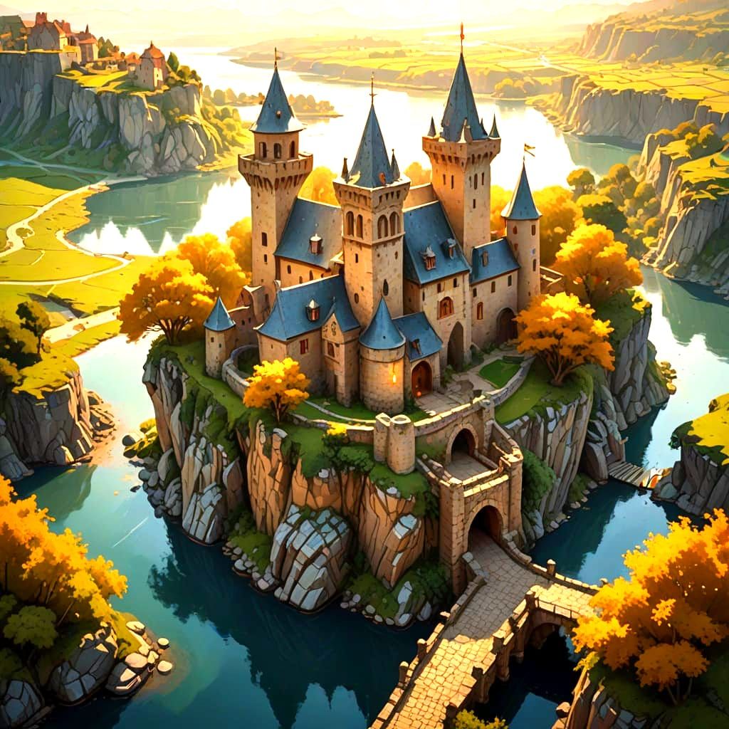 Medieval Castle in a Serene Lake Landscape, Oil Painting