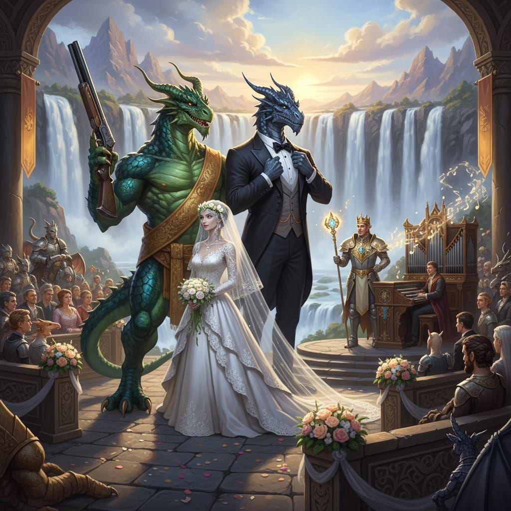 Dragon Wedding on Majestic Cliff in Epic Fantasy Style