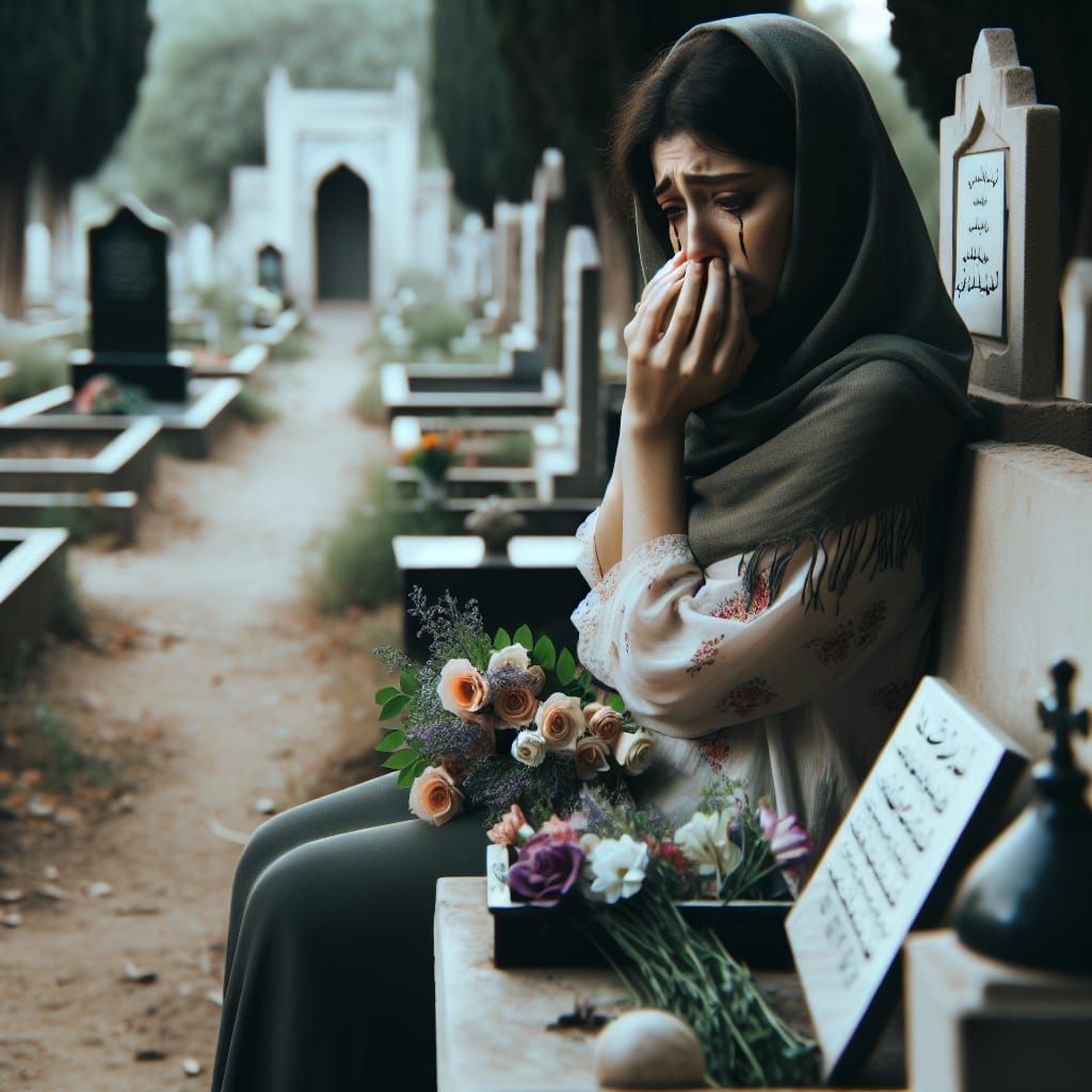 Sorrowful Woman Grieving in Cemetery