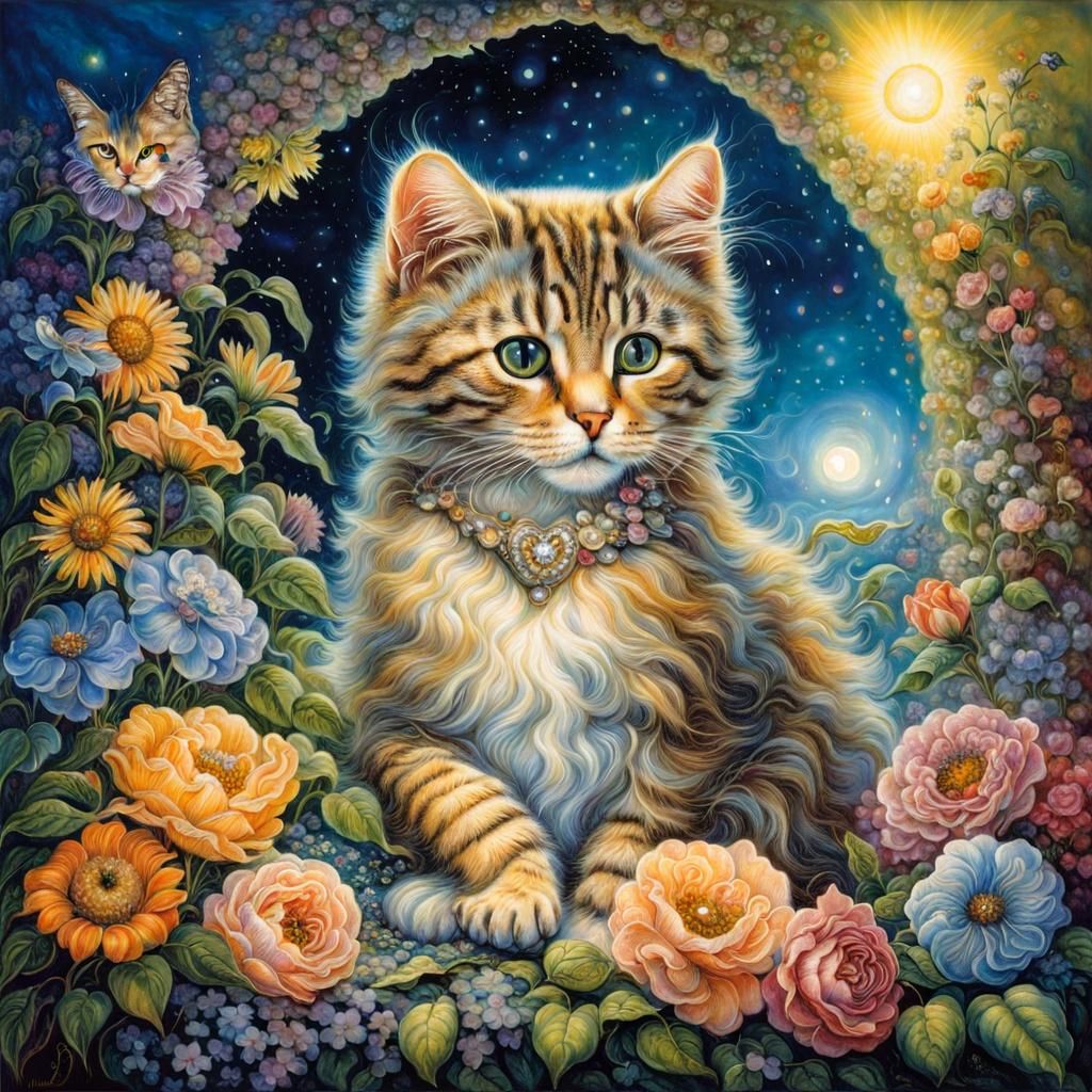 Cat surrounded by flowers in Josephine Wall style