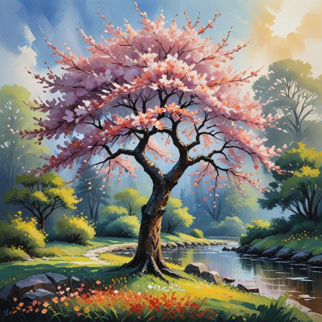 Majestic Sakura Tree Blooms in Serene Garden Masterpiece