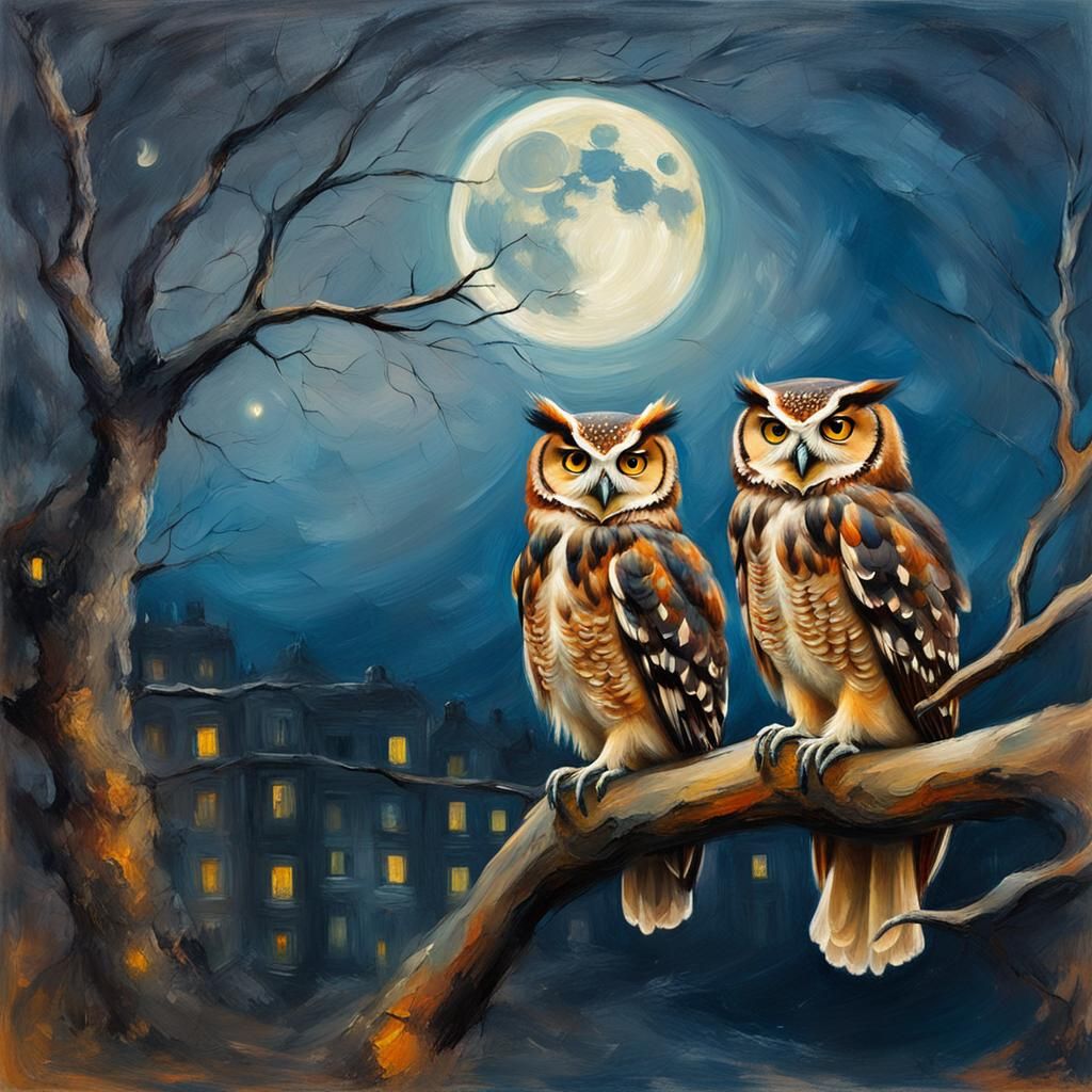 Owls Watching Night Street, Turner-esque Oil Painting