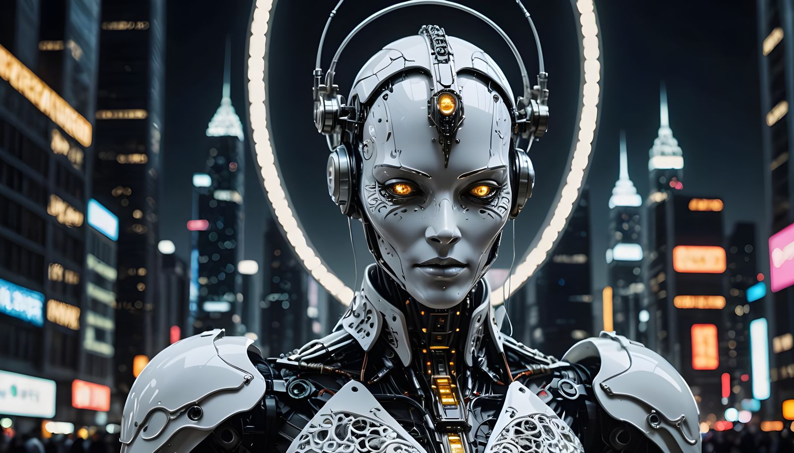 Android Goddess in Elegant White Gown with Diode Glow