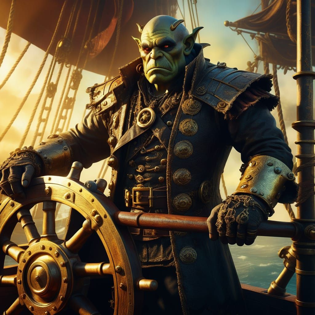 Steampunk Orc Pirate Captain at the Helm