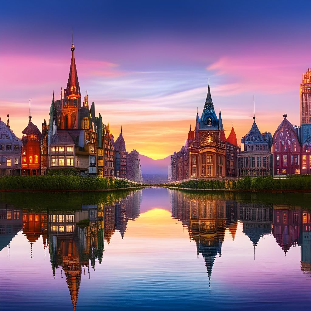 Art Nouveau Fairy Town Reflected at Sunset