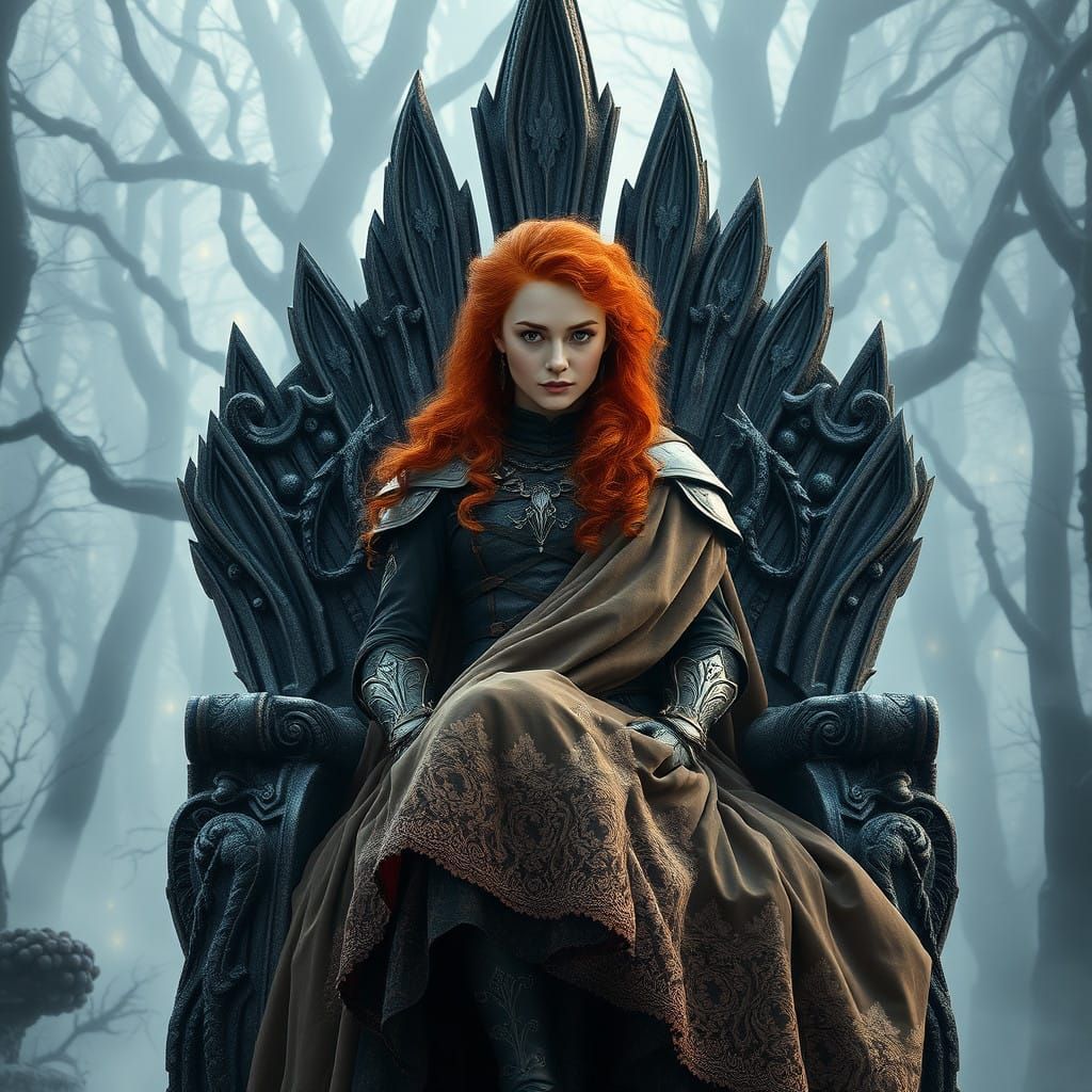 Medieval Fantasy Queen in Fiery Red Hair Regally Seated