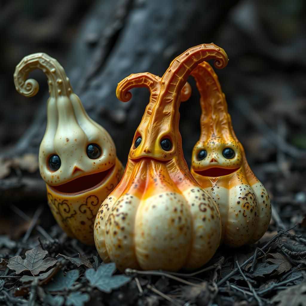 Whimsical Gourd Characters in Hyperrealistic Detail