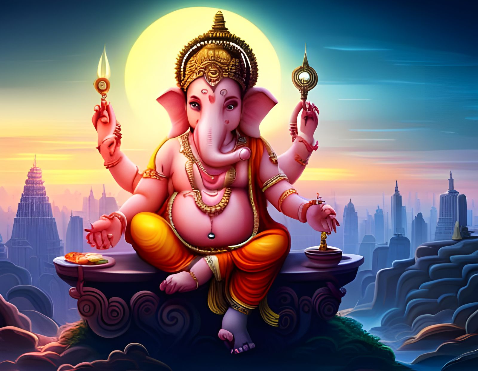 Futuristic Lord Ganesha Overlooking City at Night