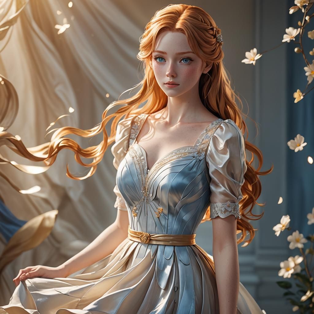 Elegant Anime Girl in Golden Light: 3D Art