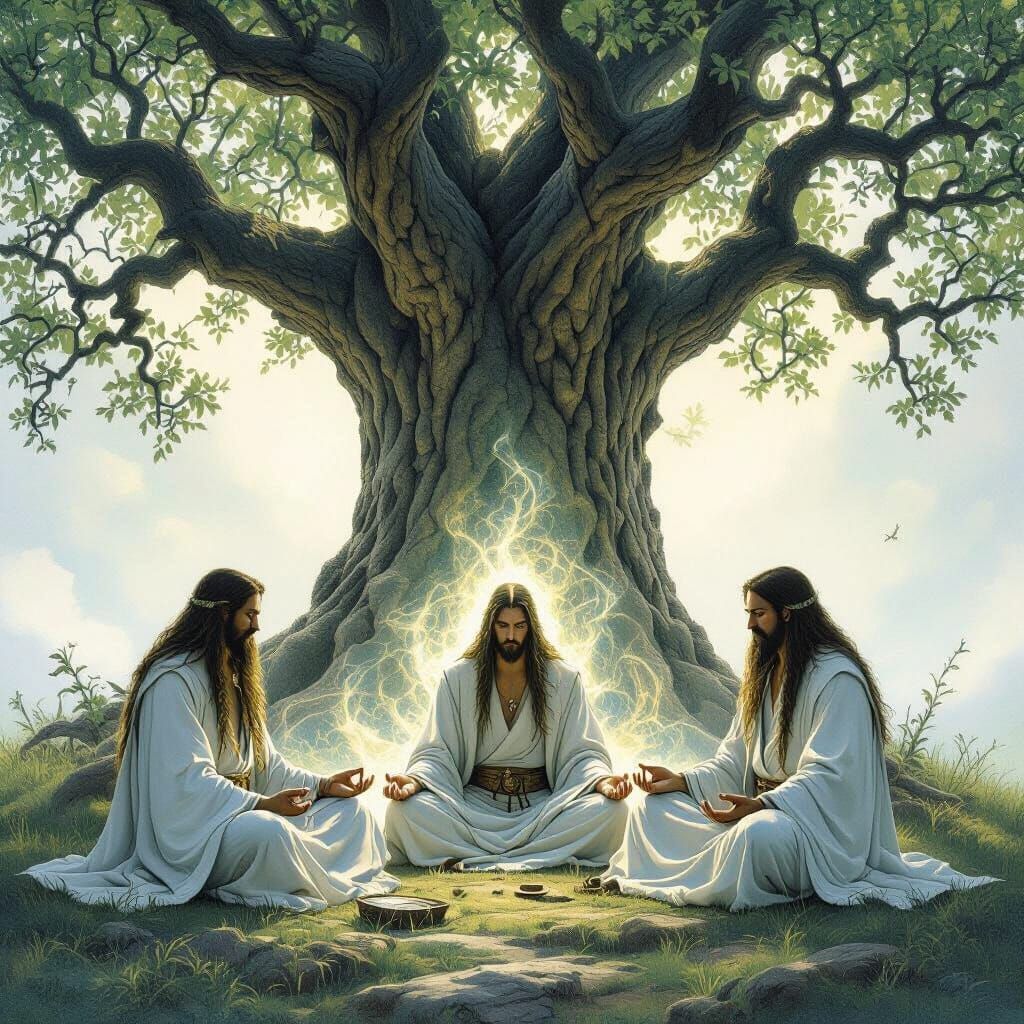 Druids Meditating Under Mystical Oak Tree