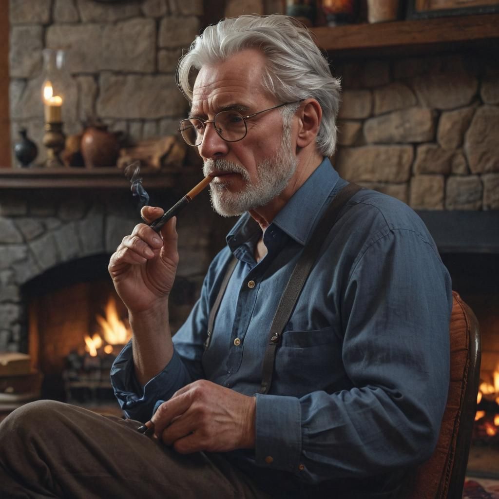 Man, age 59, writer, white hair with goatee, weathered, cont...