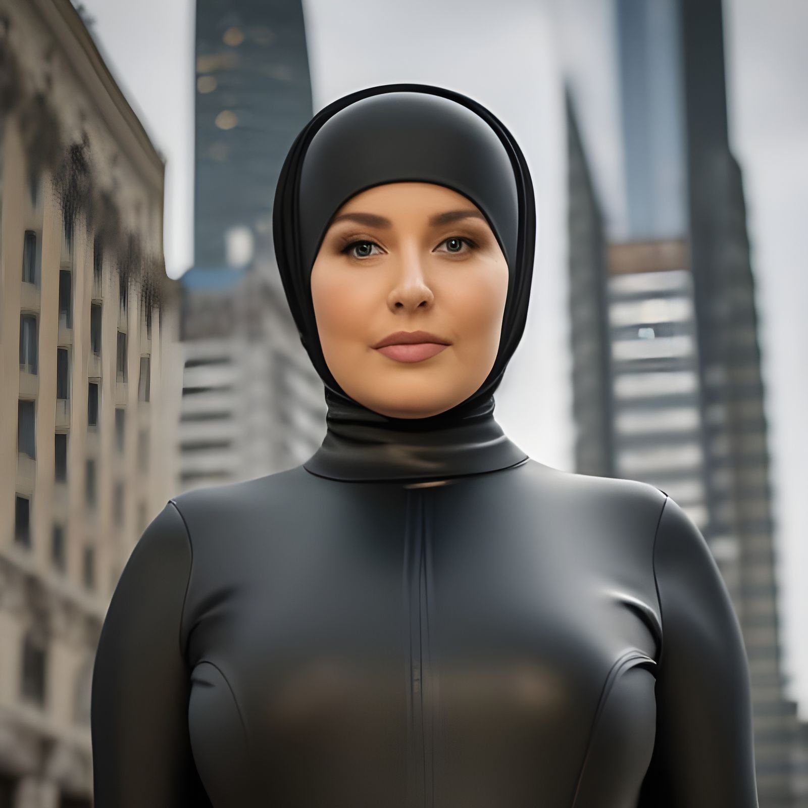 Hyperrealistic Portrait: Woman in Hijab with Futuristic Back...
