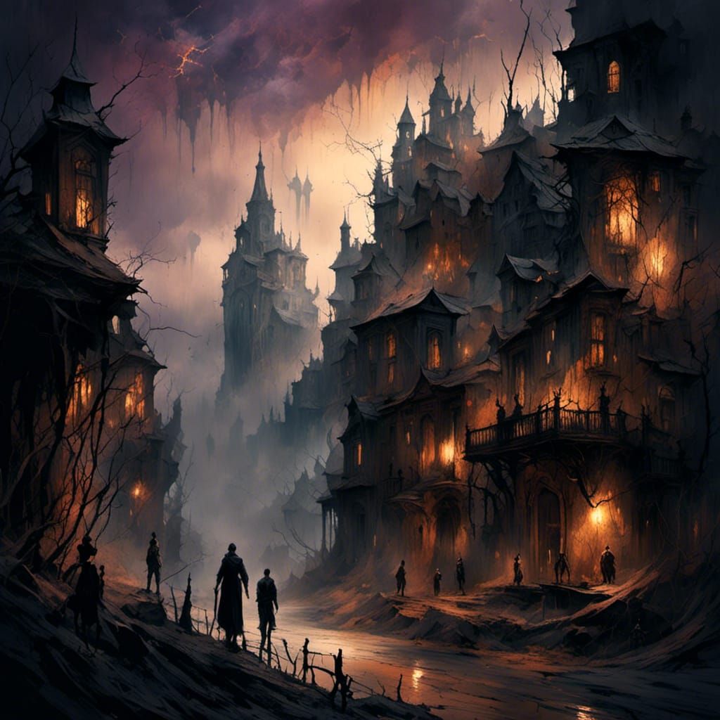 Enchanting Dark Fantasy Town in Digital Matte Painting