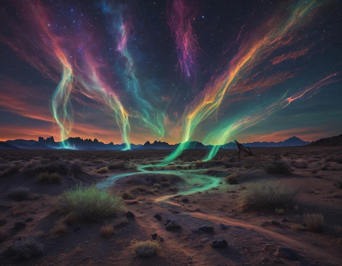 Abstract Surrealism: Auroral Luminescence Over Chromatic Des...