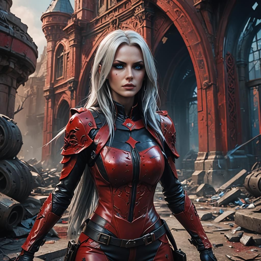 Girl in Red Leather Outfit with Sharp Canines