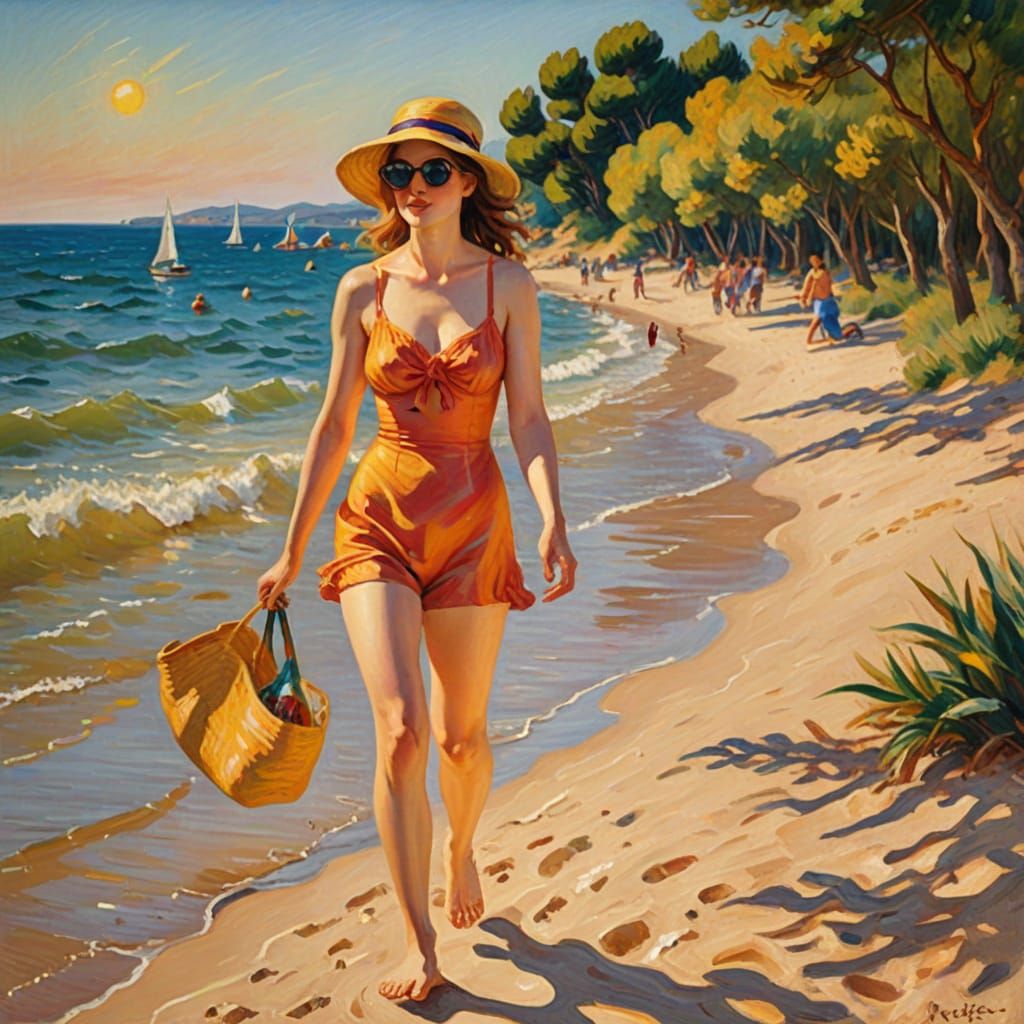 Woman Walking on Beach at Cap d'Agde in Impressionist Style