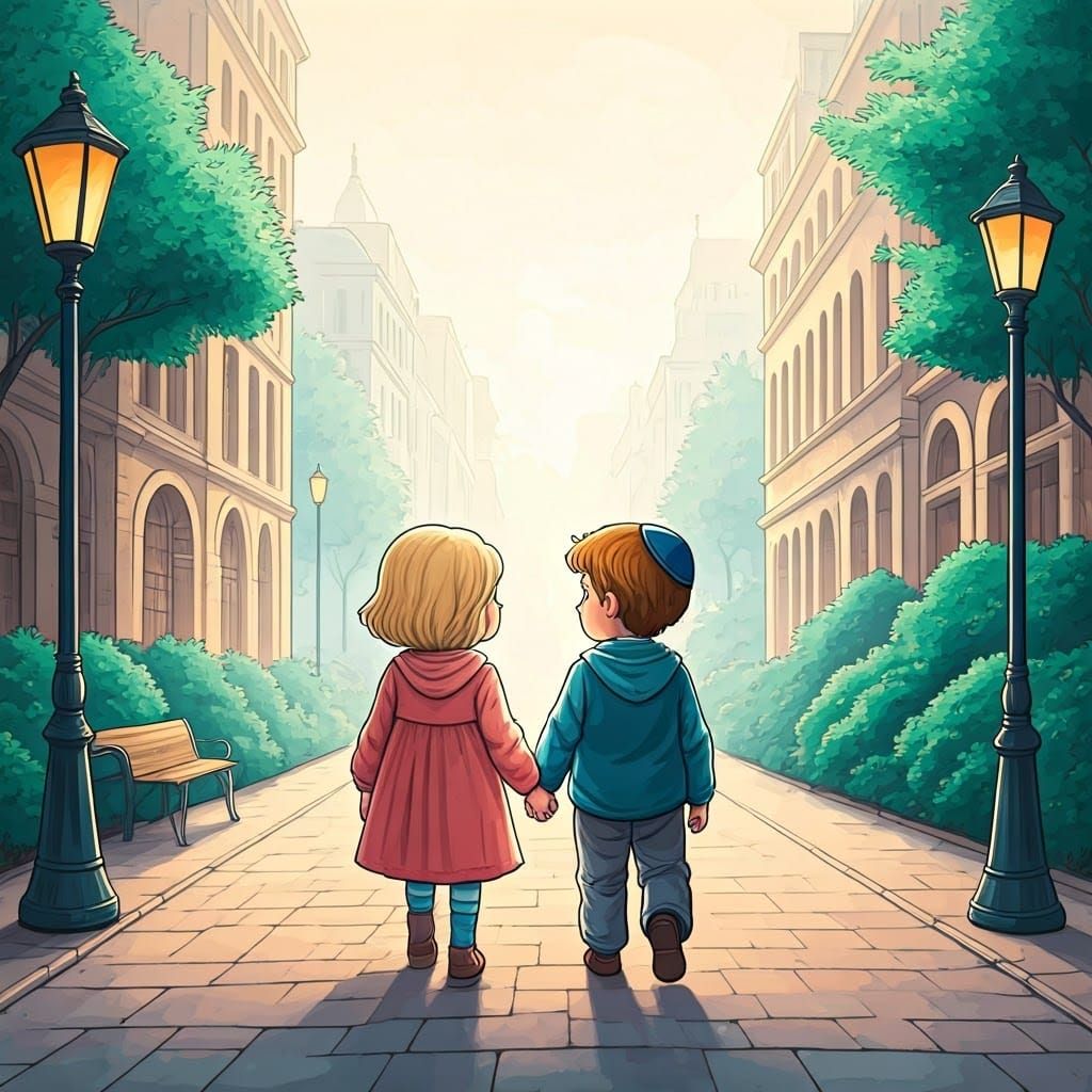 Sweet Jewish Children in Quaint Town Square Illustration