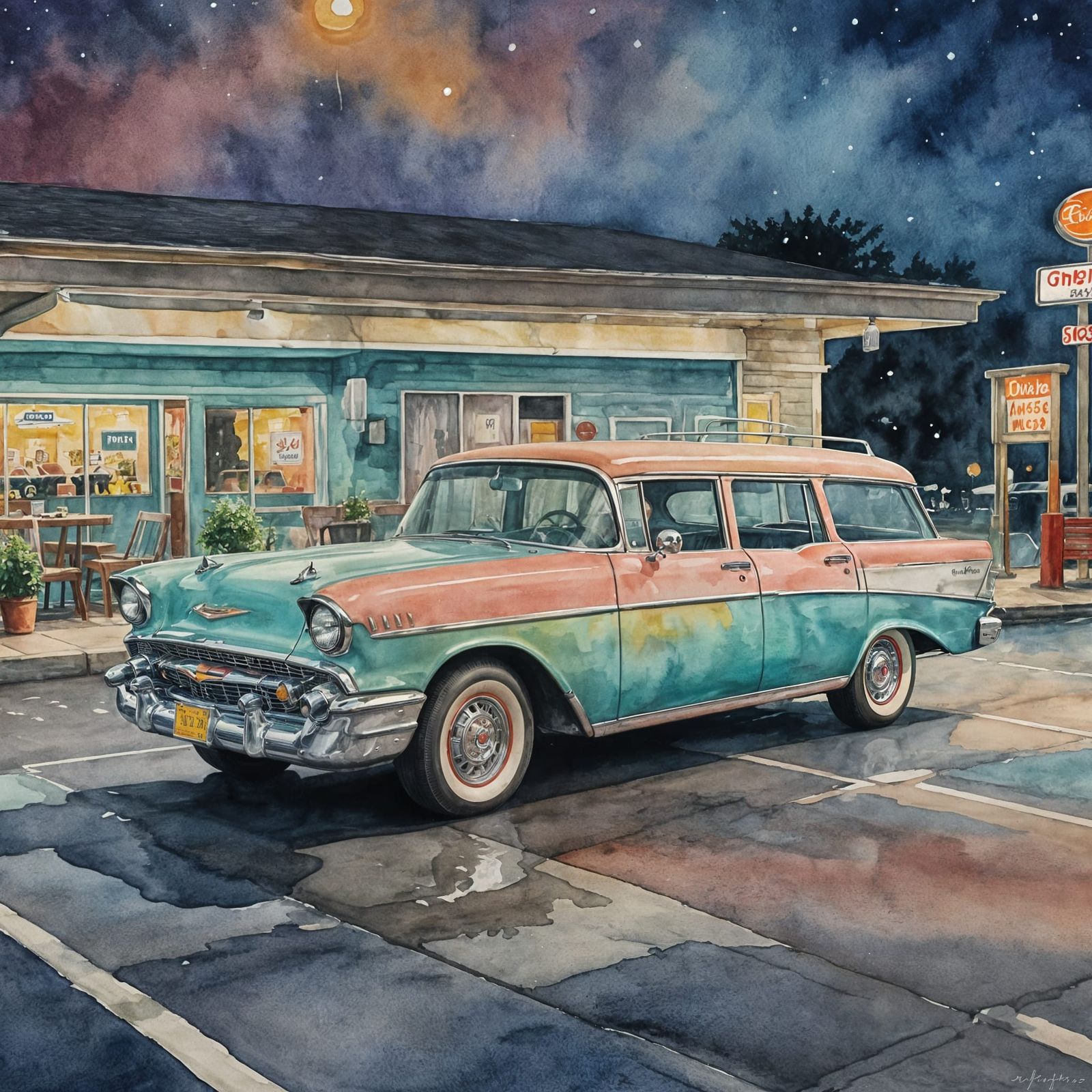 Chevrolet Belair at Diner: Watercolor Painting