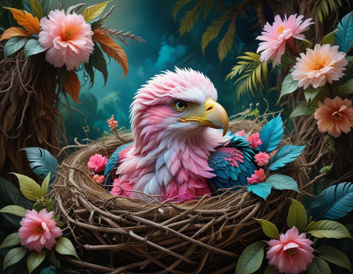 Heartwarming Baby Eagle in Tropical Floral Nest
