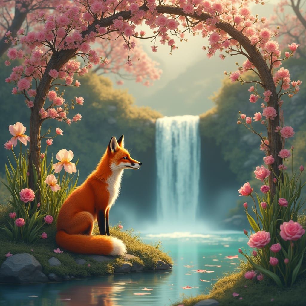 Fox Resting Under Trellis in Pastel Rose Garden