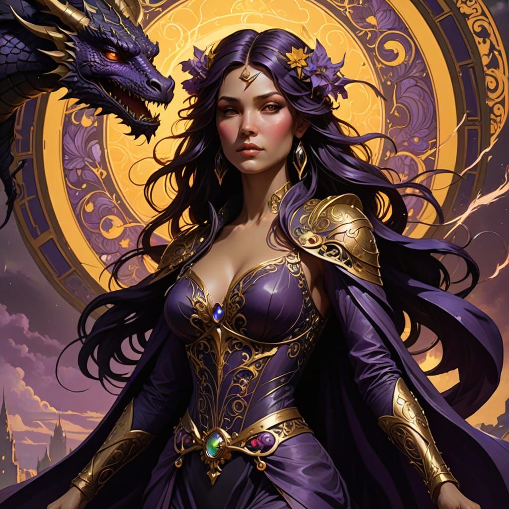 Majestic Woman Rides Dark Fantasy Dragon Amidst Turbulent St...