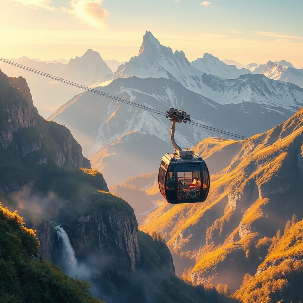 Alpine Dreamscape with Glowing Cable Car in Ethereal Light
