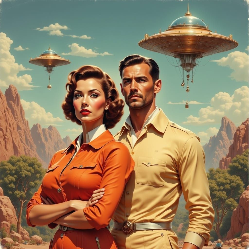 Vintage Sci-Fi Couple in Retro Movie Poster Art