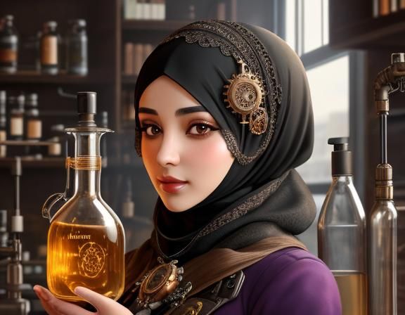 Steampunk Hijabi Woman in Chemistry Lab Portrait