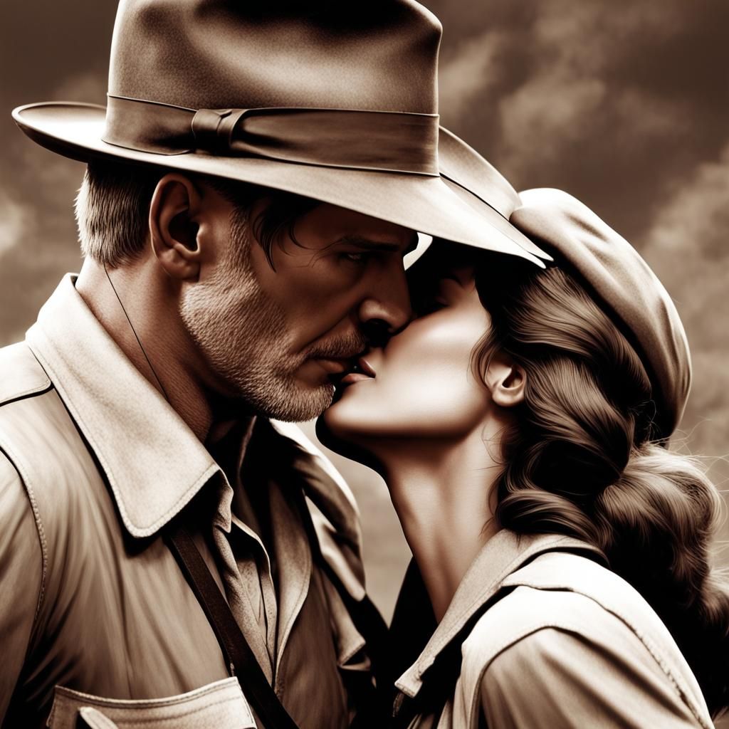 Indiana Jones kissing Lara Croft passionately