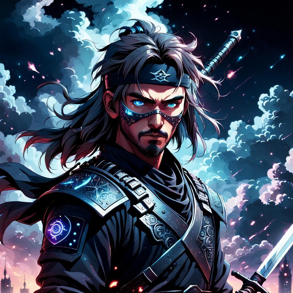 Cyberpunk Ninja with Sword in the Dark Night