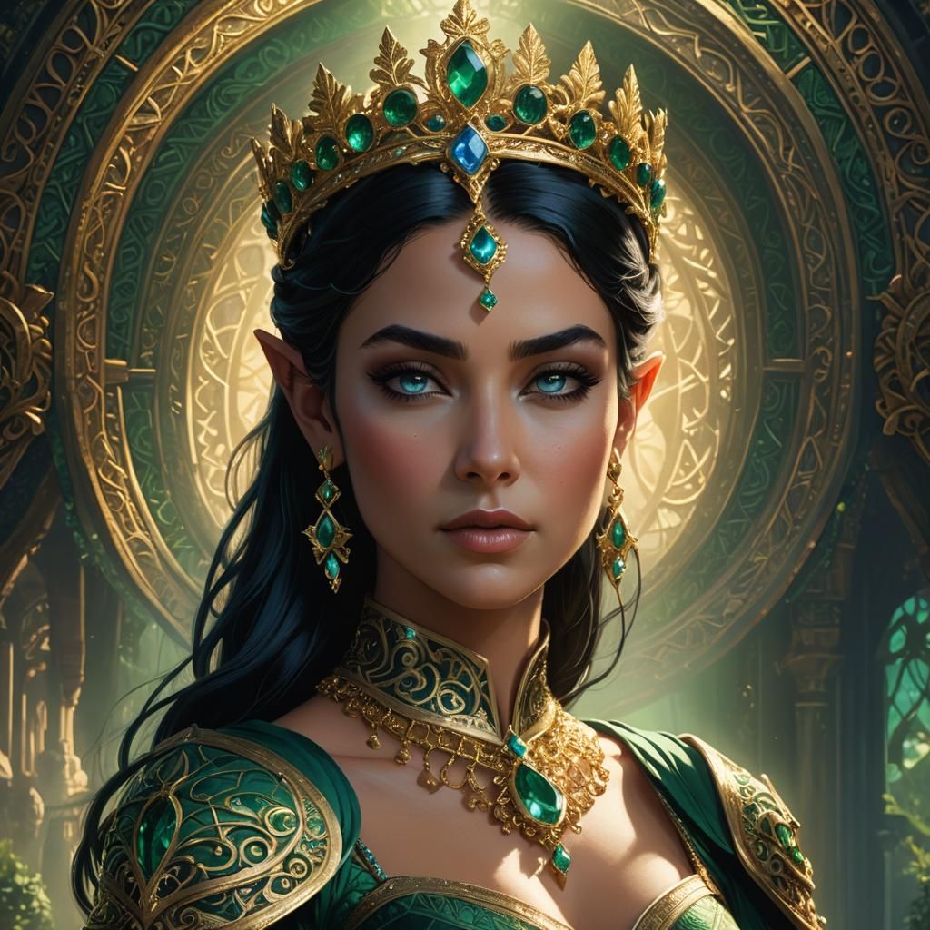 Majestic Half-Elf Queen with Emerald Crown: Digital Art