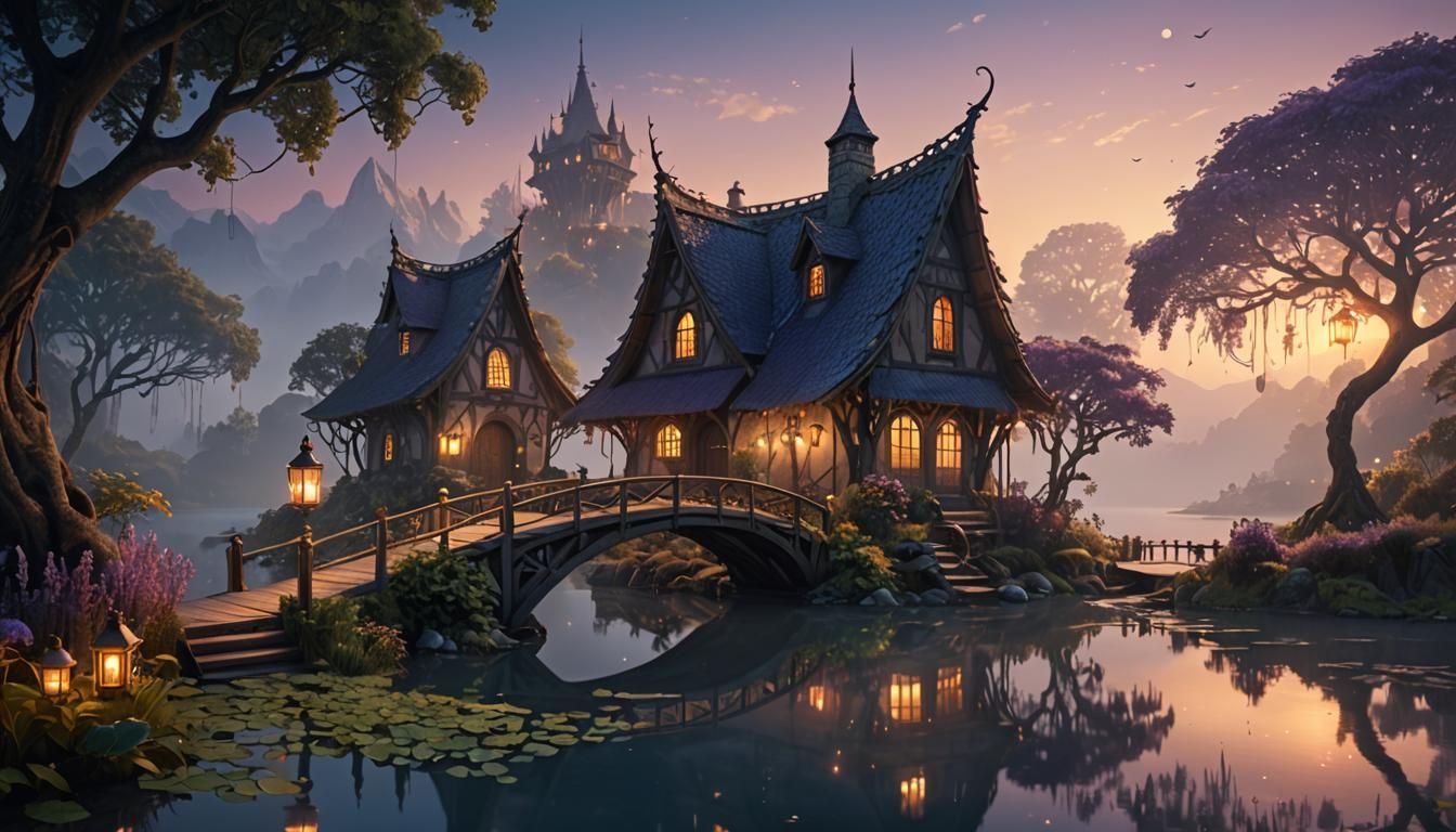 Elven Cottage on Misty Lake: Digital Matte Painting
