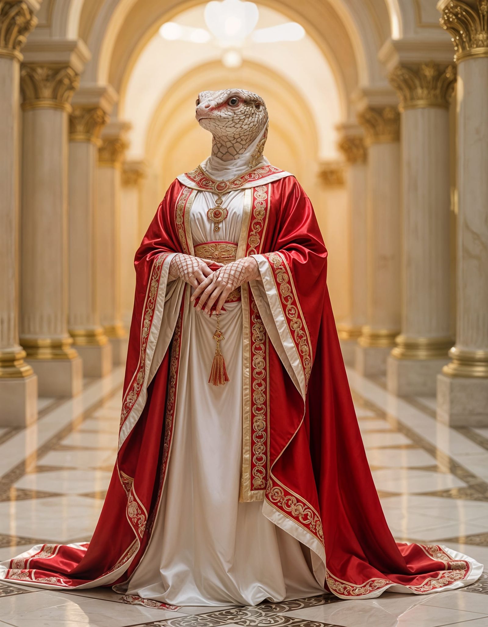 Busty Phyton Priestess in Luxury Red and White Satin