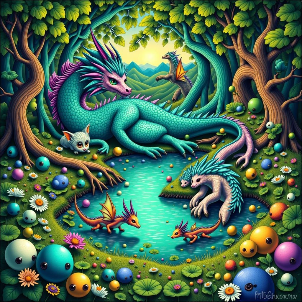 Encaustic-Style Portal to a Whimsical Dragon Realm