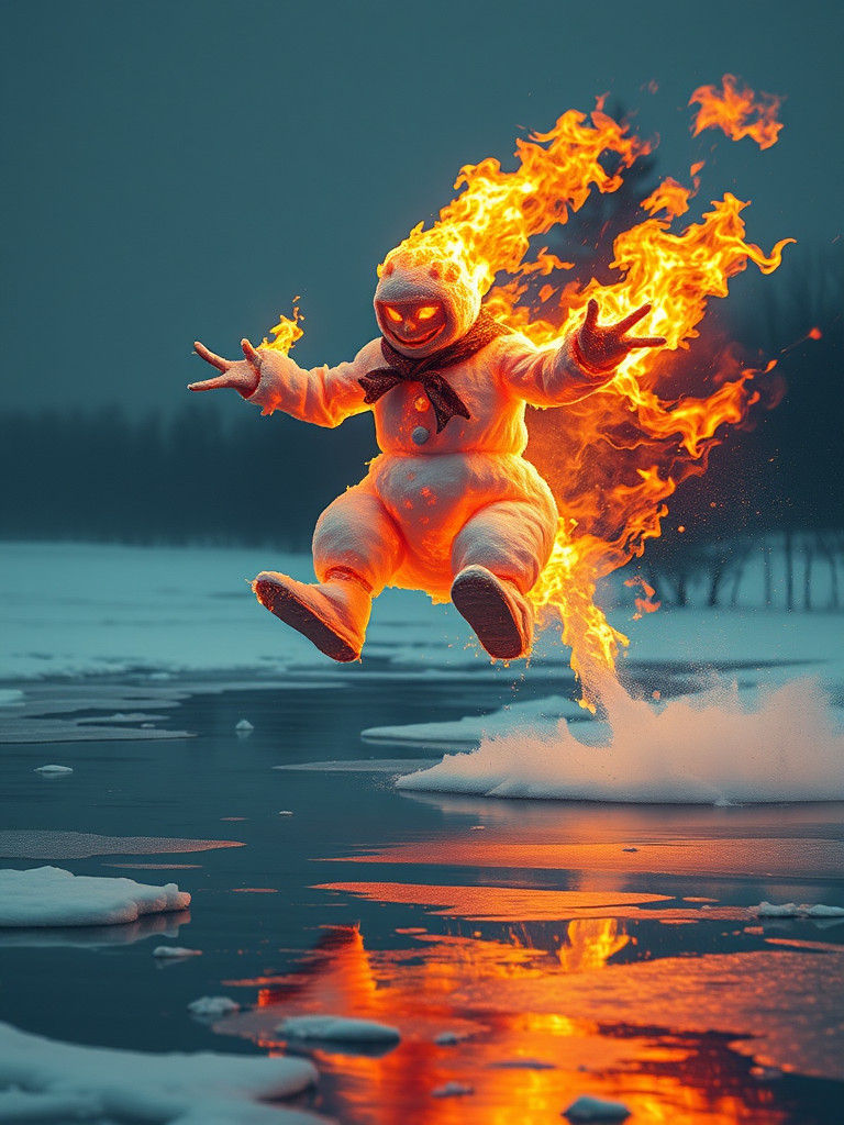 Fiery Snowman Leaps Over Frozen Pond