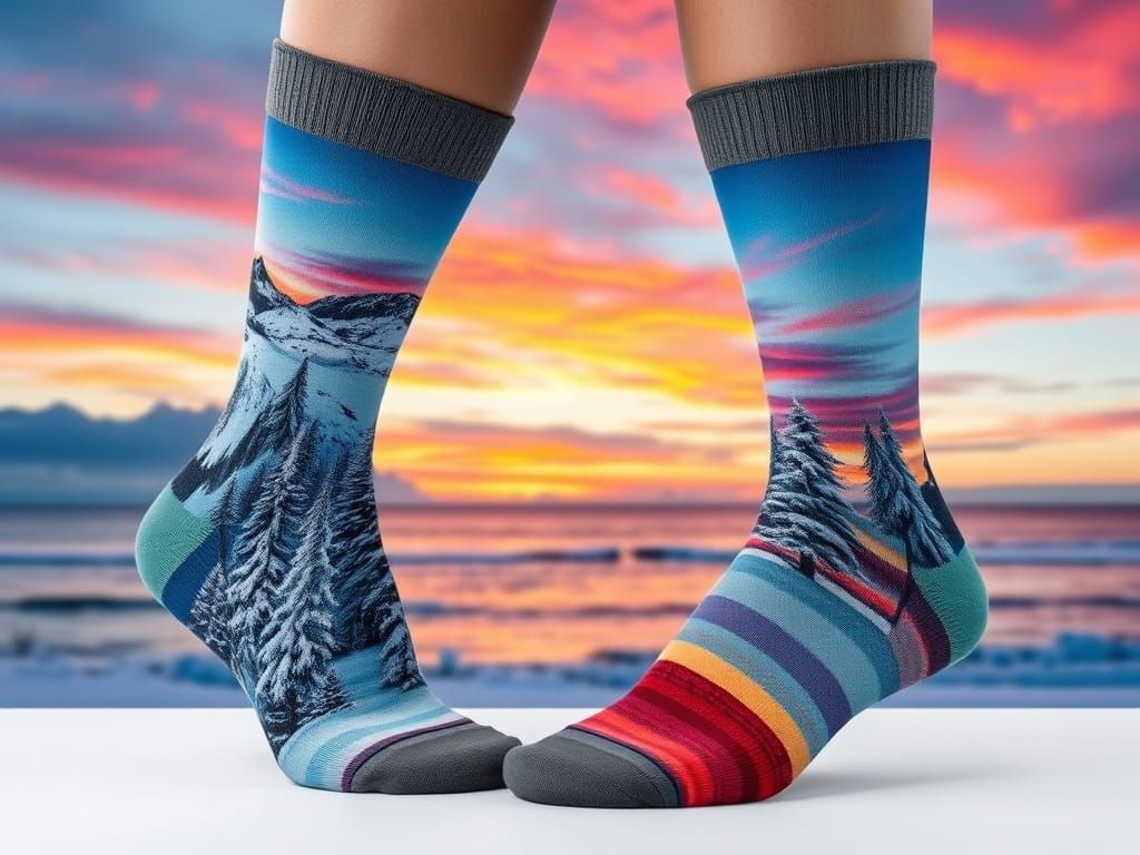 Winter Landscape and Sunset Socks: Digital Art