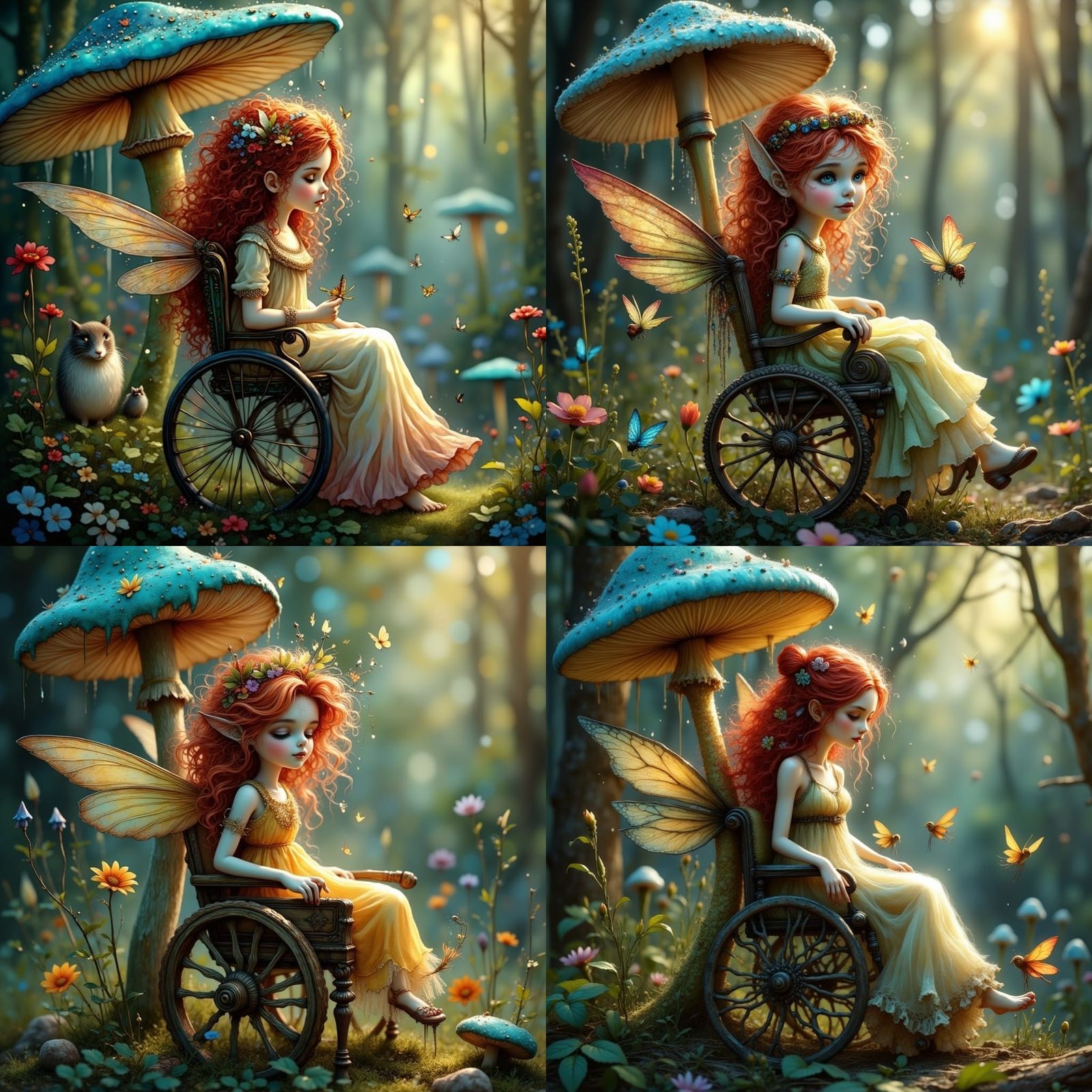 Whimsical Victorian Fairy in a Blue Spotted Mushroom Glade