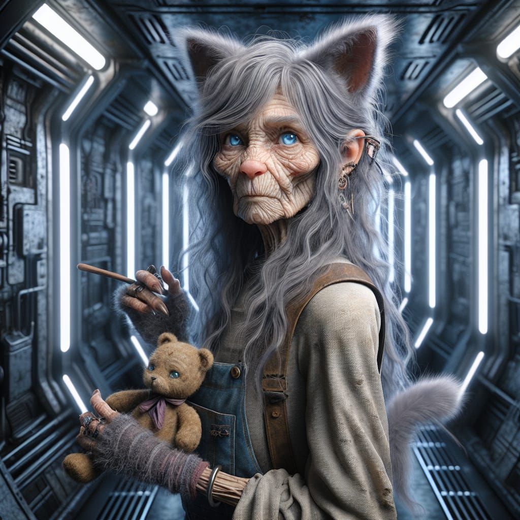 Elderly Neko-Woman in Sci-Fi Corridor