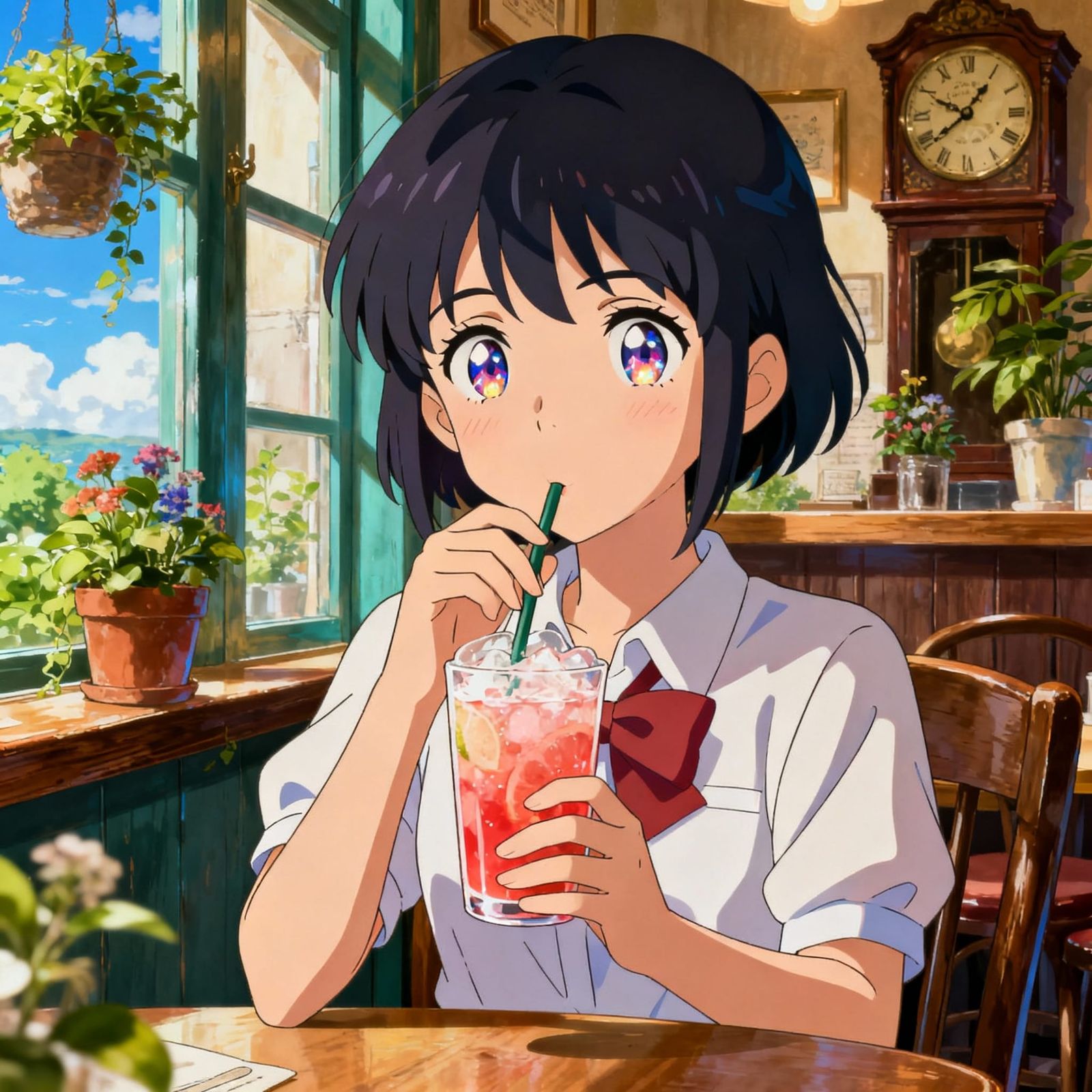 Anime Girl Enjoys Drink in Cozy Cafe