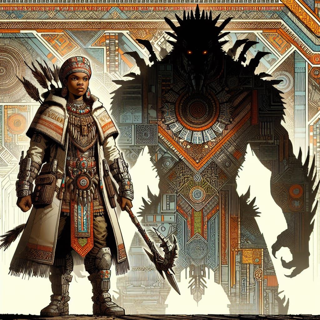 Tribal Monster Hunter in Post-Apocalyptic Sci-Fi Landscape