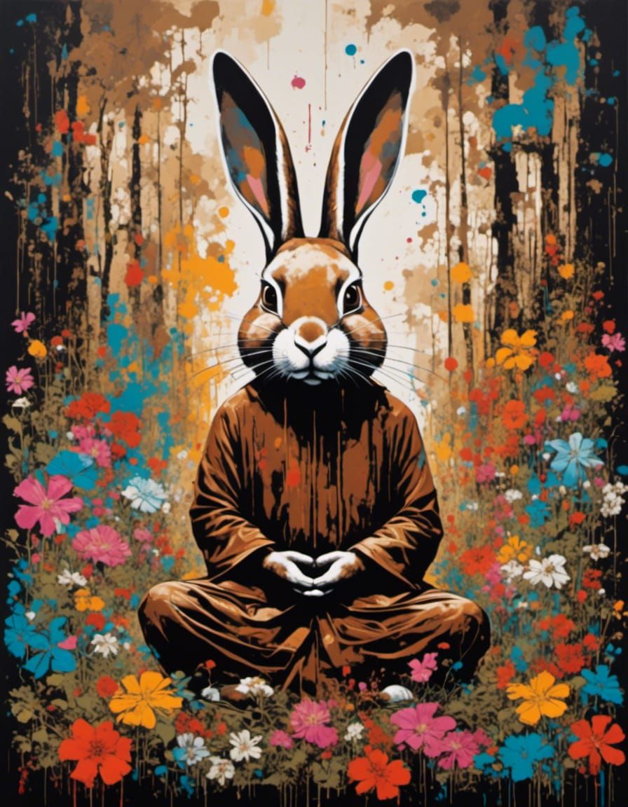 Rabbit Monk Meditating in Neo-Expressionist Forest