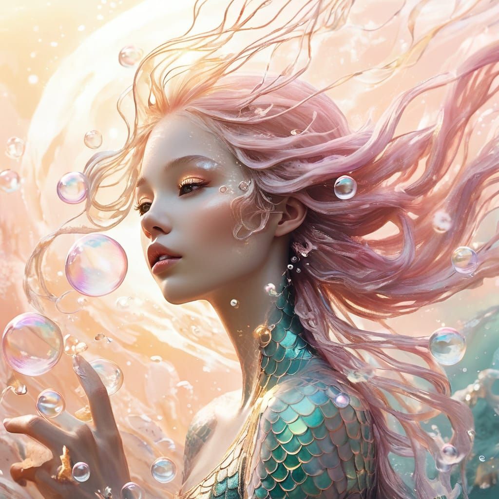 Dreamy Mermaid Blowing Bubbles in Digital Art