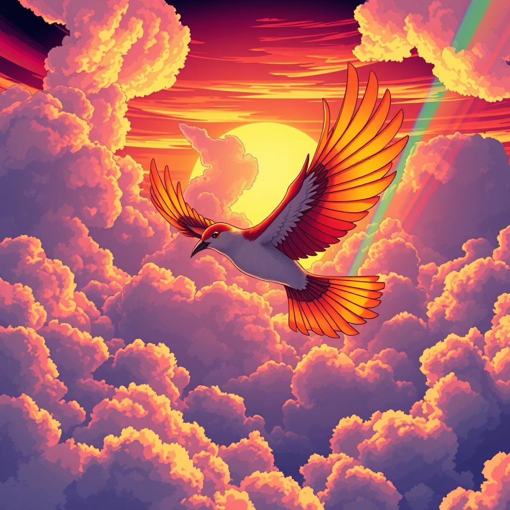 Anime Bird in Rainbow Sunset Cloudscape